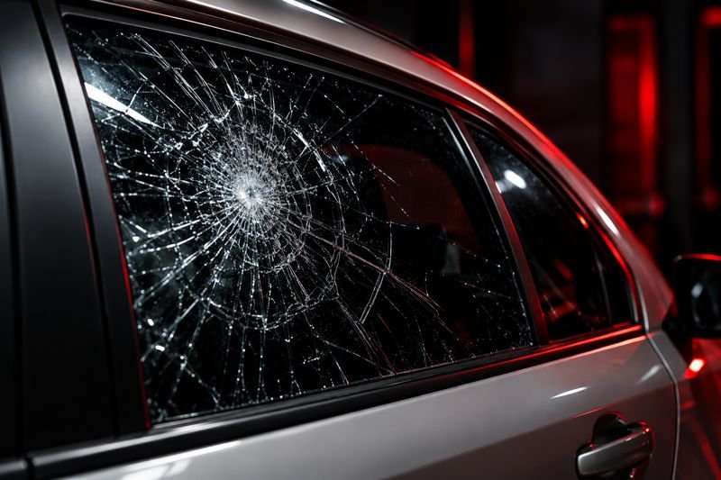 Vidro de carro trincado e preso pela película antivandalismo, sem se desfazer