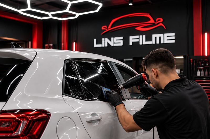 Técnico aplicando película automotiva no vidro lateral de um carro branco
