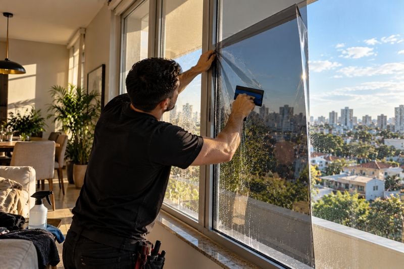 Instalador aplicando película de controle solar na janela de um apartamento
